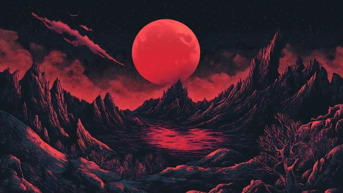 Crimson alien moon rising over jagged nocturnal mountains.