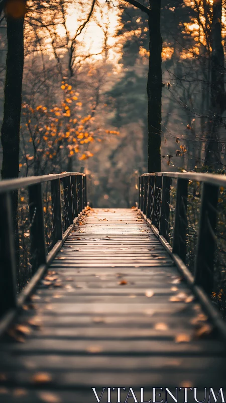 Wooden forest bridge in warm autumn evening light.