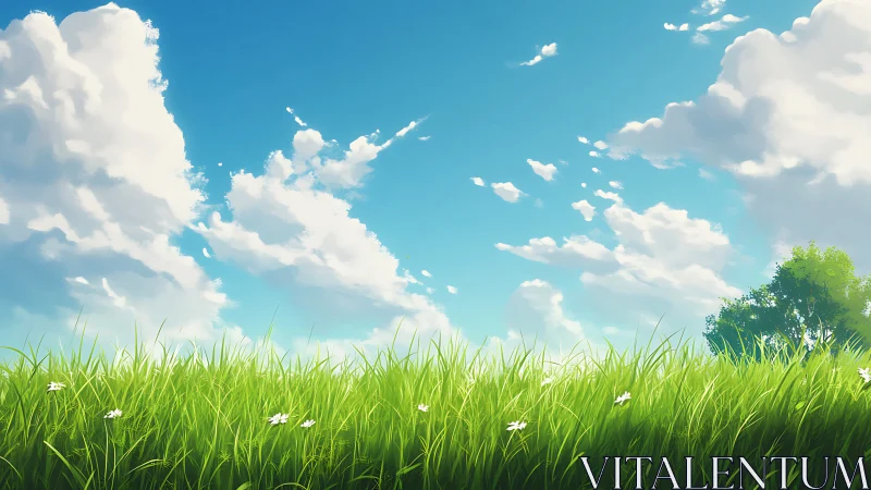 Sunlit meadow and drifting clouds under a bright blue sky.