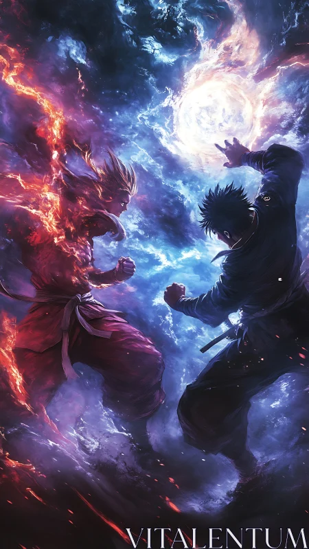 Elemental duel ignites swirling cosmos of fire and storm.