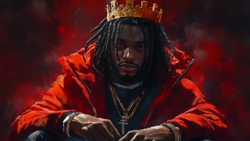 Modern street king gazes forward in crimson painted aura