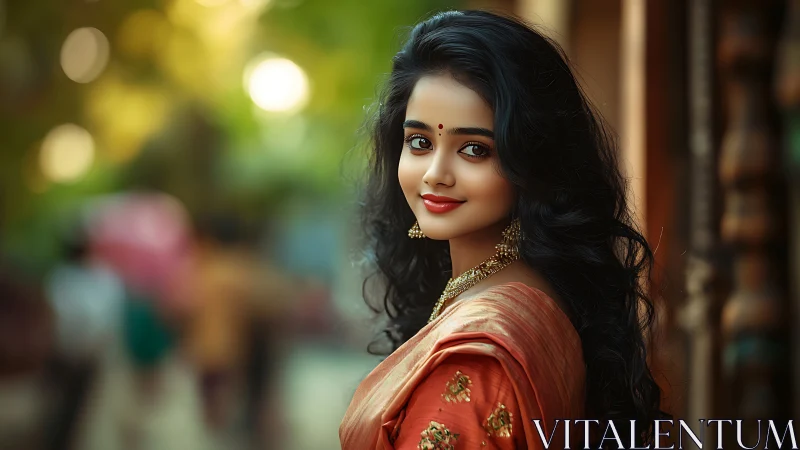 Elegant Indian Woman in Traditional Saree with Soft Bokeh Background.