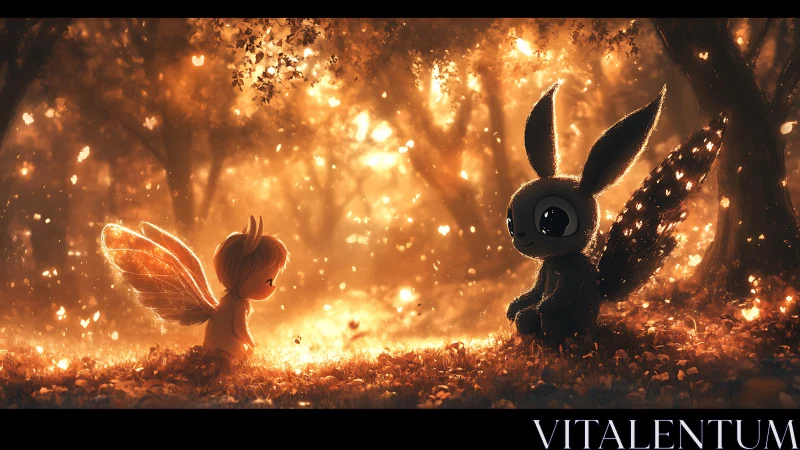 Fairy child and creature sit facing each other in glowing forest