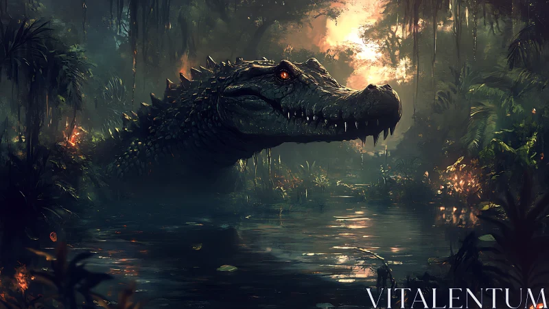 Giant crocodile emerges from dark jungle swamp at dusk