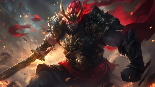 Fierce demon warlord charging through glowing stormfire.