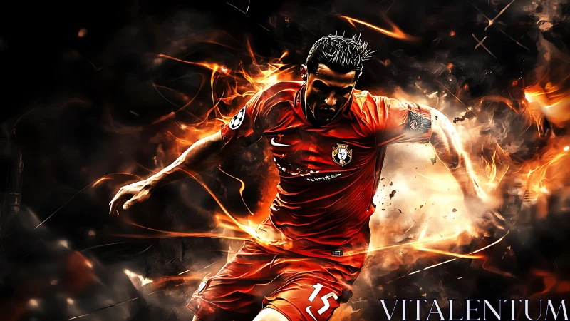 Fiery soccer star charging forward with unstoppable energy.