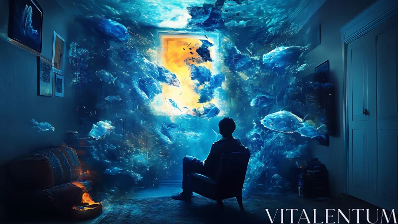Underwater portal floods dim room with luminous digital fish swarm