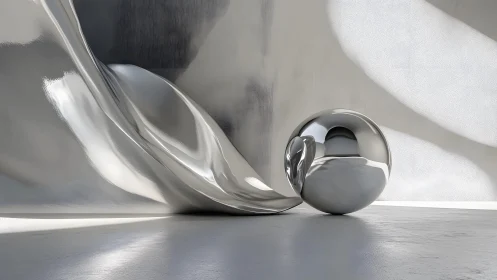Liquid chrome curtain gently nudges a reflective silver sphere