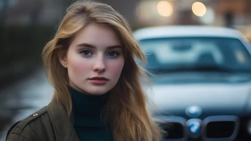 Shallow depth portrait isolates young woman against defocused car