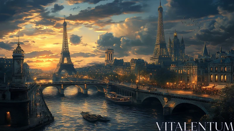 Golden Paris evening by the river with glowing city lights.