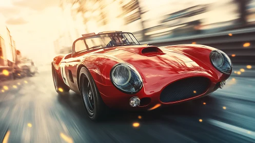 Red vintage roadster in dynamic high speed motion on track.