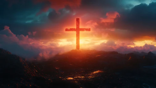 Luminous cross silhouette dominates a storm-lit celestial horizon