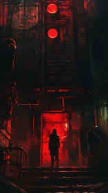 Crimson doorway swallows the lone explorer in rusted steel