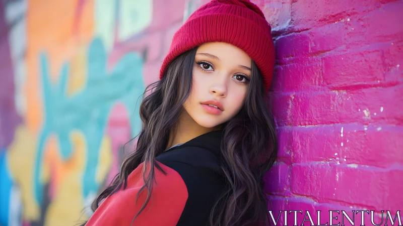 Street portrait girl in red beanie against pink graffiti wall.