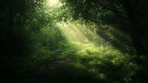 Sunbeams Illuminate Forest Path in Lush Green Woodland Scene.