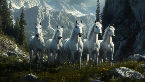 Majestic white horses stand united in a sunlit alpine valley.