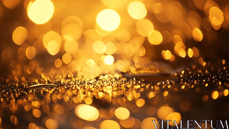 Golden bokeh lights over wet surface in warm focus.