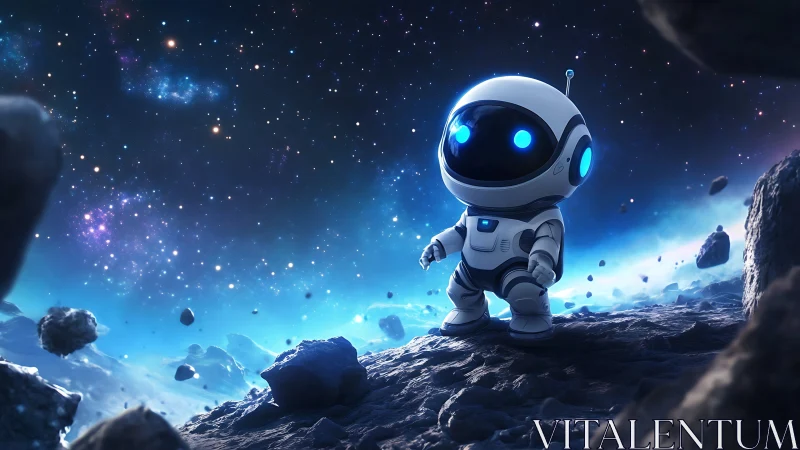 Small robot on rocky asteroid in luminous deep space field.