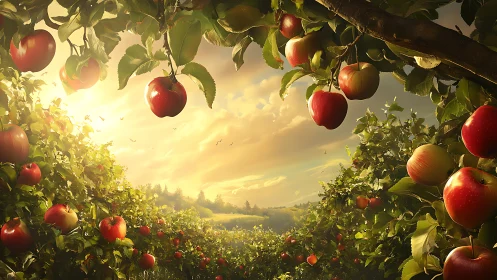 Sunlit apple orchard glows warmly under a golden evening sky
