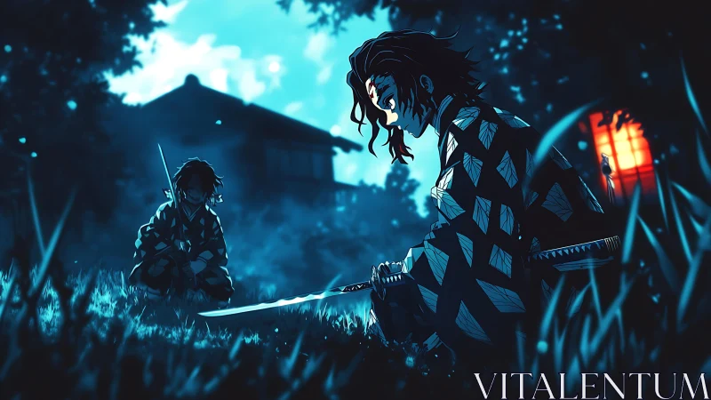 Moonlit swordsmen share a quiet moment before their trial