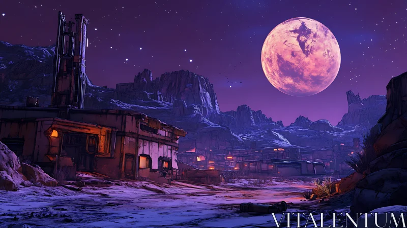 Lunar-lit cel-shaded desert outpost under magenta twilight sky