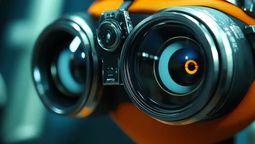 Robotic binocular optics with luminous teal and orange accents.