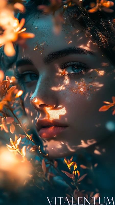 Portrait bathed in floral light and shimmering skin glow.
