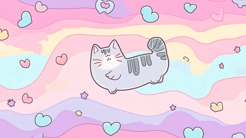 Pastel cartoon cat drifts through dreamy rainbow sky.