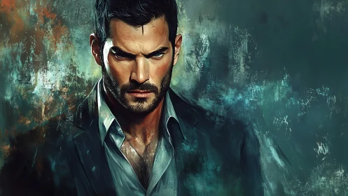 Brooding male portrait in digital oil style, teal textured field