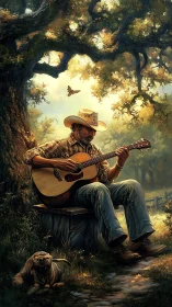 Old guitarist rests under oak tree and plays rustic melody