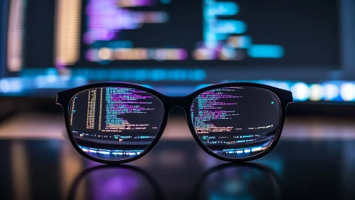 Developer glasses reflect colorful code on defocused screens.