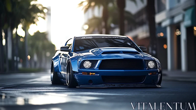 Low-slung blue muscle car glides through quiet city streets.