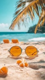 Golden sunglasses resting in sunlit tropical beach sand.