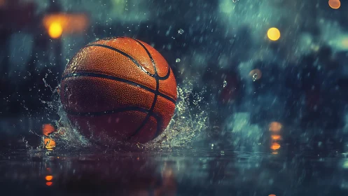 Basketball skids across wet court under heavy night rain