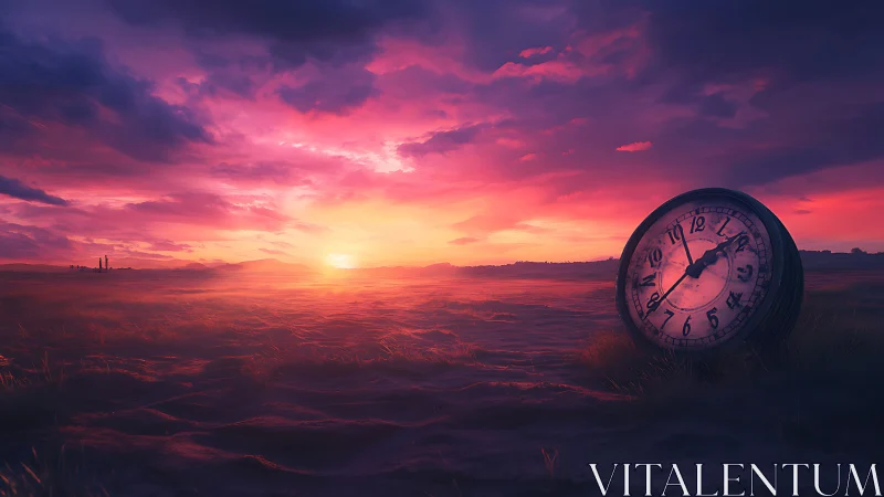 Temporal decay clock embedded in irradiated sunset terrain.