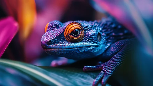 Vibrant neon gecko portrait in cinematic macro focus.