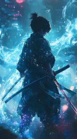 Cyberpunk samurai stands in crackling neon storm of power