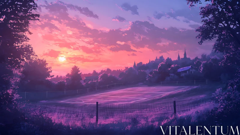Sunset tennis court glowing softly in peaceful countryside.