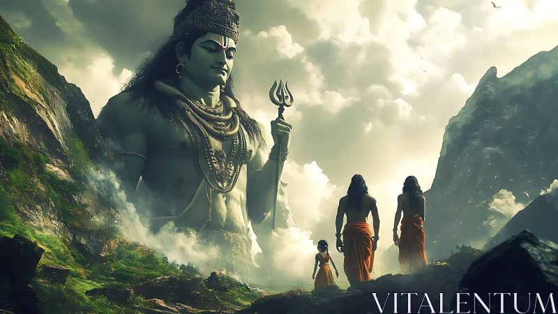 Colossal mountain deity and pilgrims in atmospheric convergence.