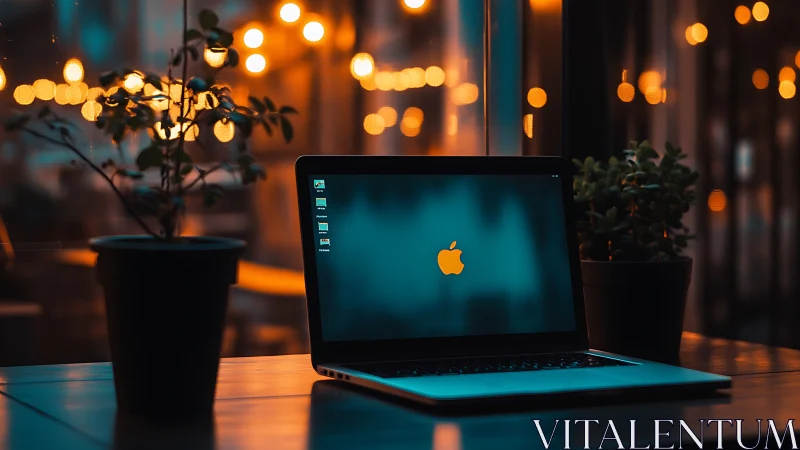 Moody laptop workspace framed by plants and bokeh lights.