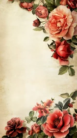 Vertical botanical frame with red roses on aged parchment background