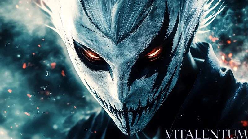 Masked skull-faced figure with glowing red eyes in smoke.