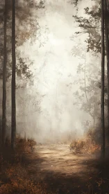 Foggy Forest Pathway: Tall Conifers with Diffused Atmospheric Haze