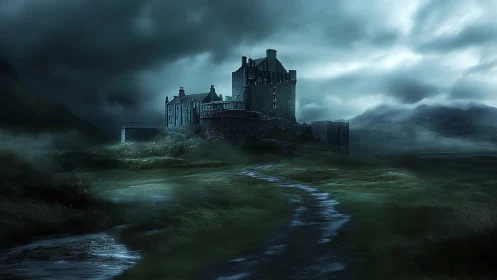 Dark stone castle stands over misty moor under storm clouds
