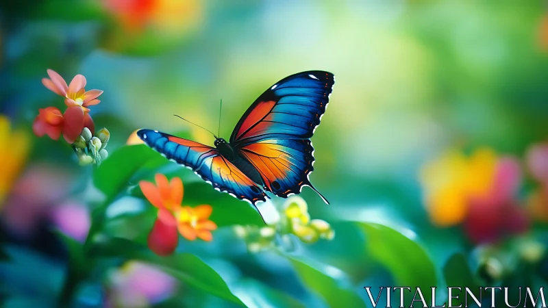 Blue orange butterfly on flowers in bright garden scene.