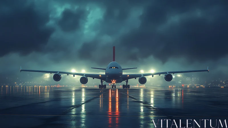 Midnight runway calm with a waiting wide body jetliner.