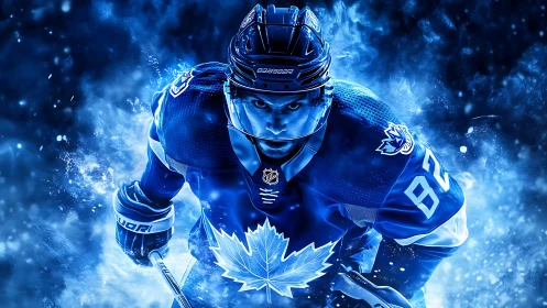 Blue blaze hockey warrior charges through electric froststorm.