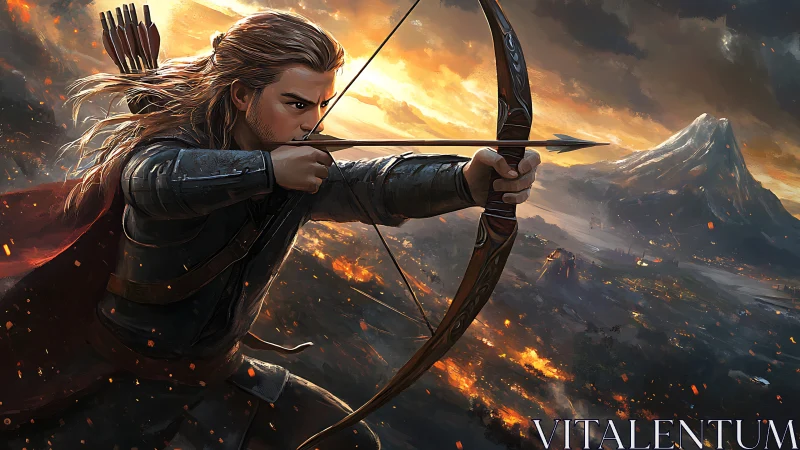 Archer draws a bow against a burning valley under storm clouds