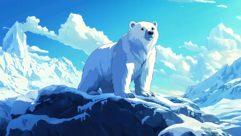 Polar bear stands over sunlit ice cliffs in arctic landscape.