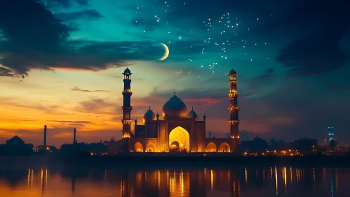 Moonlit riverside mosque glows under deep twilight sky.